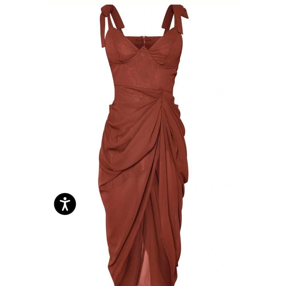 PrettyLittleThing Chocolate Brown Draped Corset Midi Dress USA 8 Tie Strap